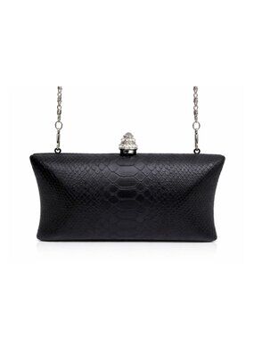 Black Embossed Clutch Evening Bag Rhinestone Clasp Chain Strap Flaw